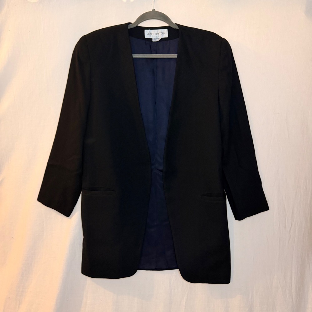 Jones New York Black Collarless Open Front Blazer Jacket Size 8 Navy Lining